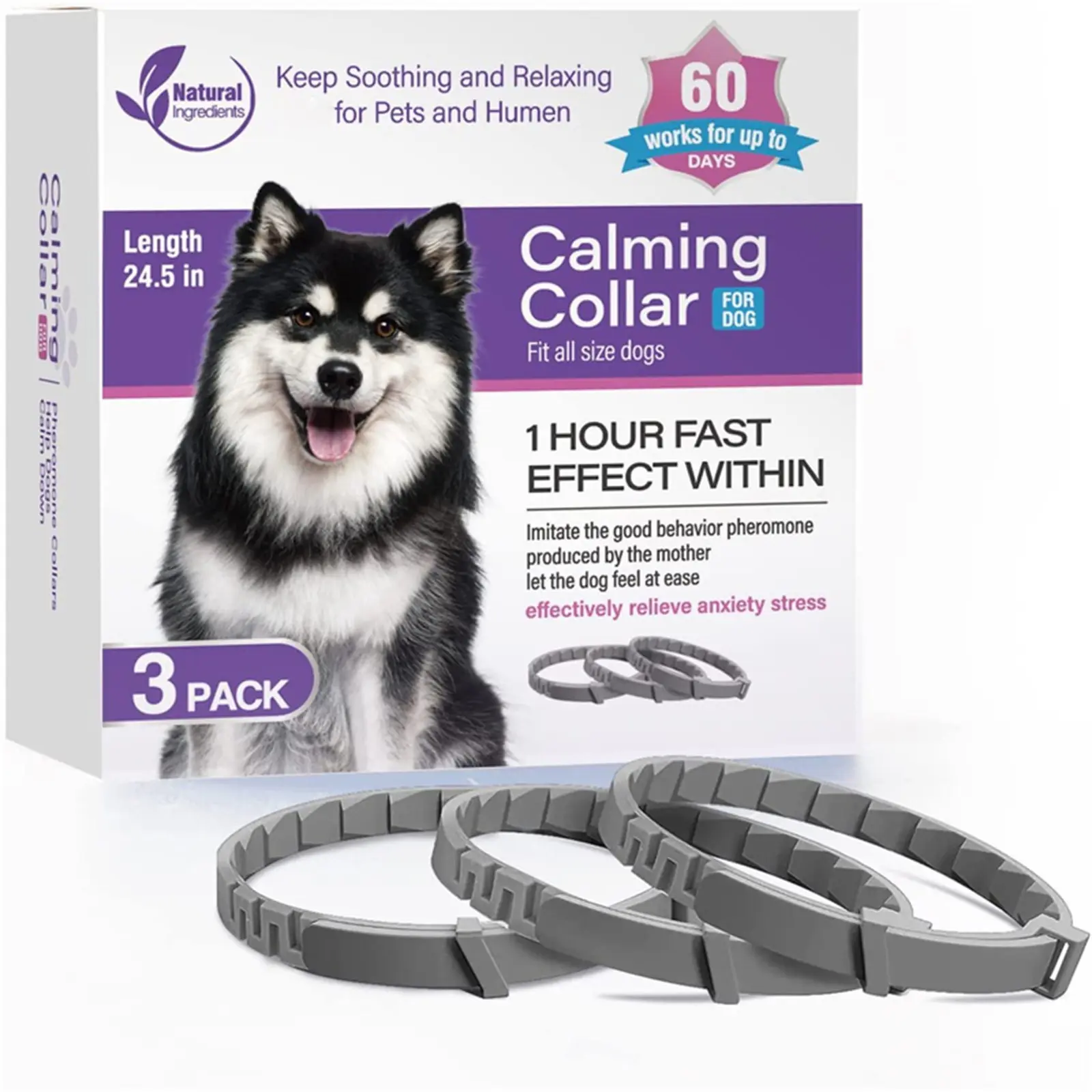 New 62cm pet calming collar to relieve dog anxiety and protect them from harm. The retractable collar is suitable for puppies and large dogs. Accessories included.