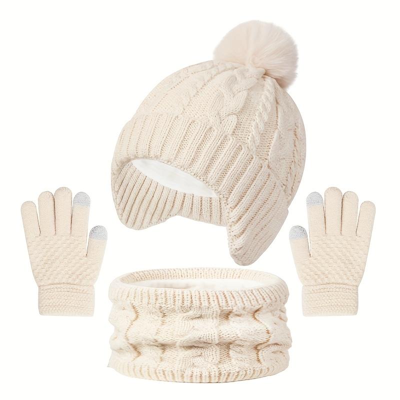 3pcs Winter Warm Hat, Gloves & Scarf Set - Soft Stretchable -like Ear Protection Outfit with Pink Bow-like Pom-Poms, Beige//Gray Color Options for Boys & Girls (Ages 3-8) - Hand Washable Cold Weather