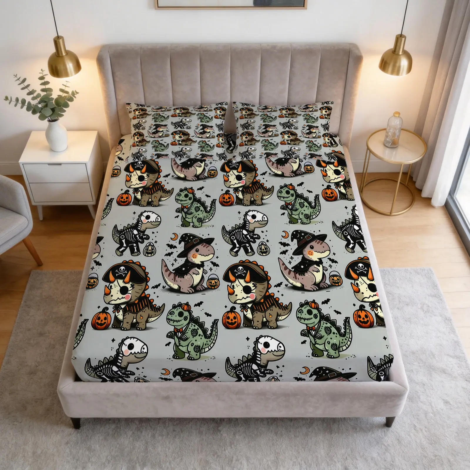 Bed Sheet Set With Halloween Dinosaur Print Pattern, 1 Bed Sheet Paired With 2 Pillowcases (Excluding Pillow Core), Suitable For Bedroom Decoration And Gifts For Teenagers And Adults, Bedding Set