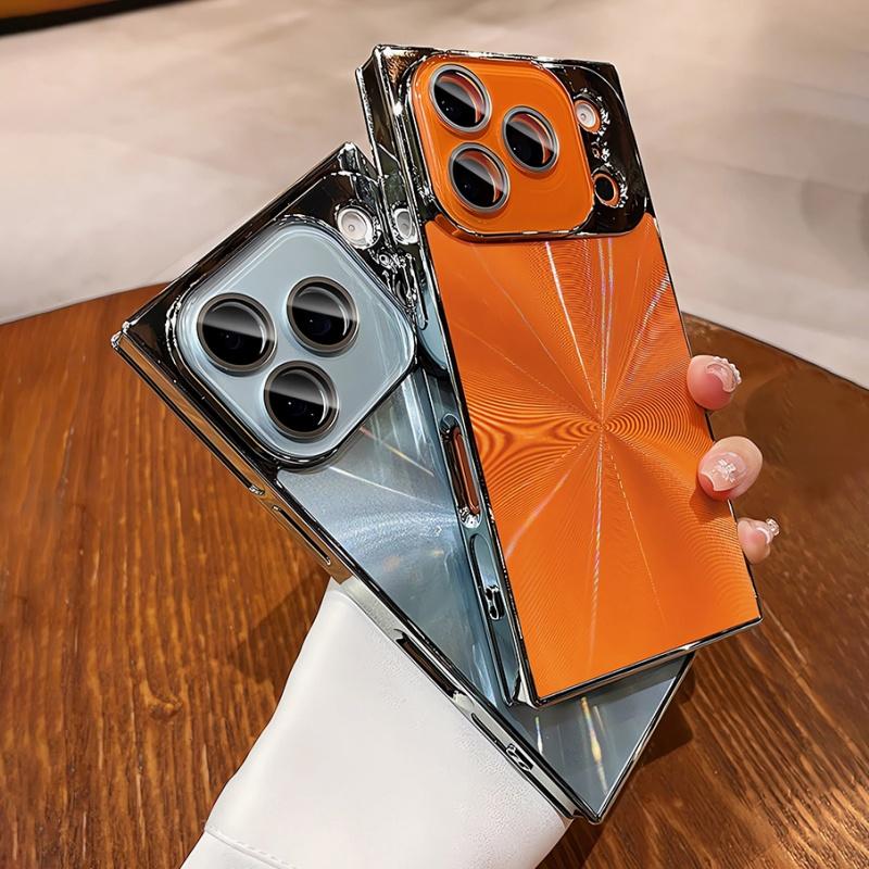 Plating Laser Aurora CD Texture Squares Case For iPhone17 16 15 14 13 Pro Max Plus with Glass Lens Flim Protection Bumper Cover
