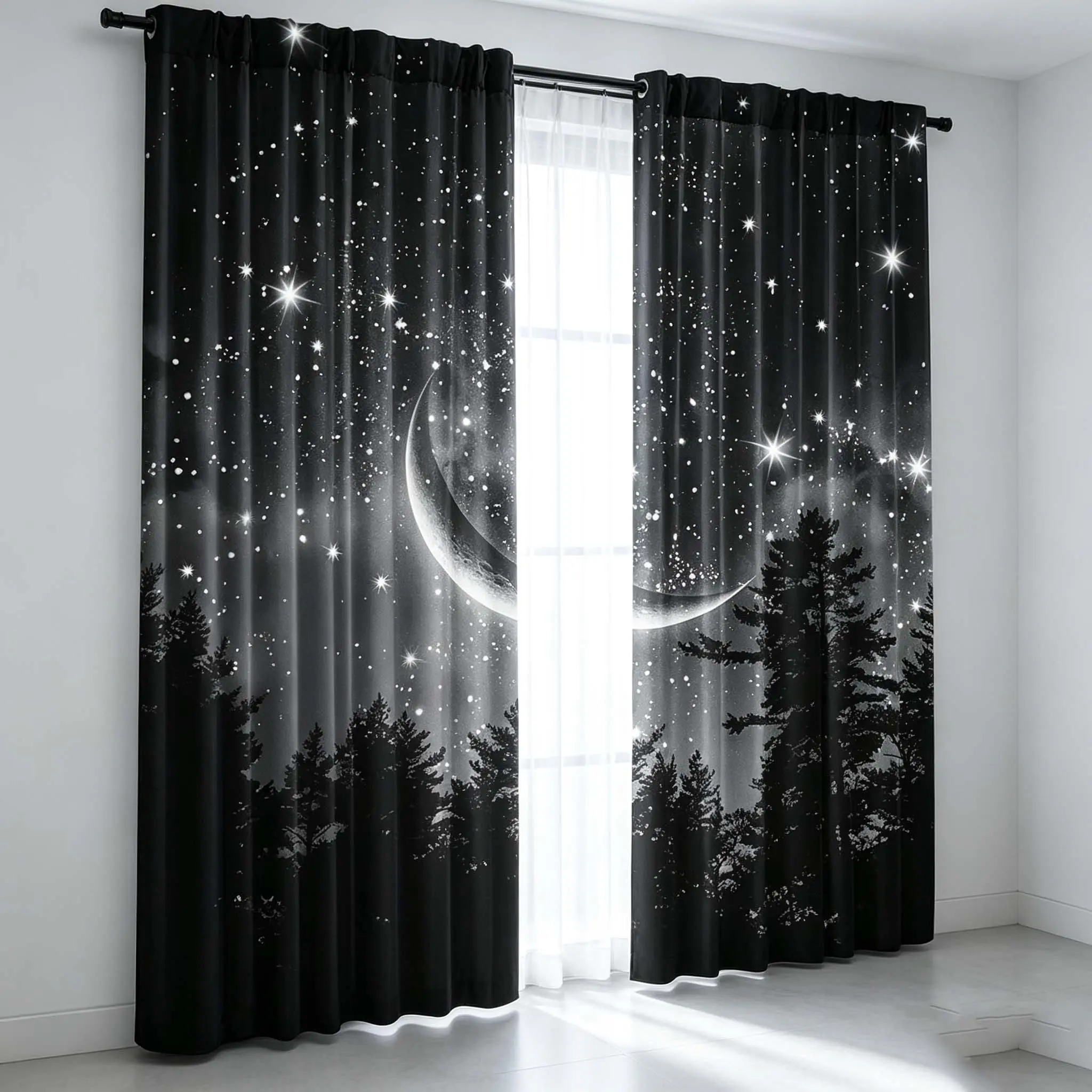 2pcs Forest Starry Moon Night Curtains, Black Rod Pocket Windows, Semi-Blackout with Crescent and Star Design, Perfect for Bedroom, Office, Kitchen, Living Room, and Study Room Decoration, Living Room Curtains, Window Drapes