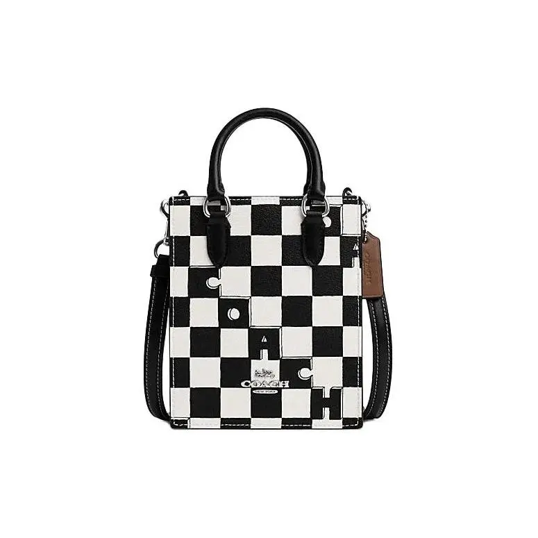 COACH Coach N/S 14 Checkered Faux Leather Tote Bag for Women – Mini Size with Silver Hardware in Black and Chalk