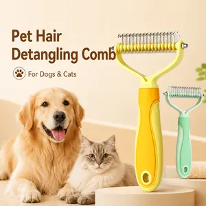 Pet Hair Detangling Comb for Dogs and Cats, Double-Sided Stainless Steel Dematting Rake, Loose Fur Remover Grooming Tool with Non-Slip Handle, Pet Undercoat Comb for Long Hair and Thick Coat