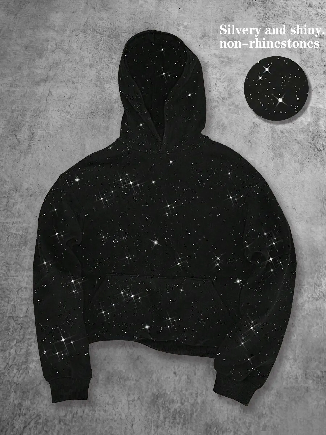 Sparkling Silver Short Hooded Sweatshirt, Fleece-lined, Warm, Loose Fit, Unisex, American Style, Trendy, Everyday, Street Fashion, Commuting, Outfit, Y2K