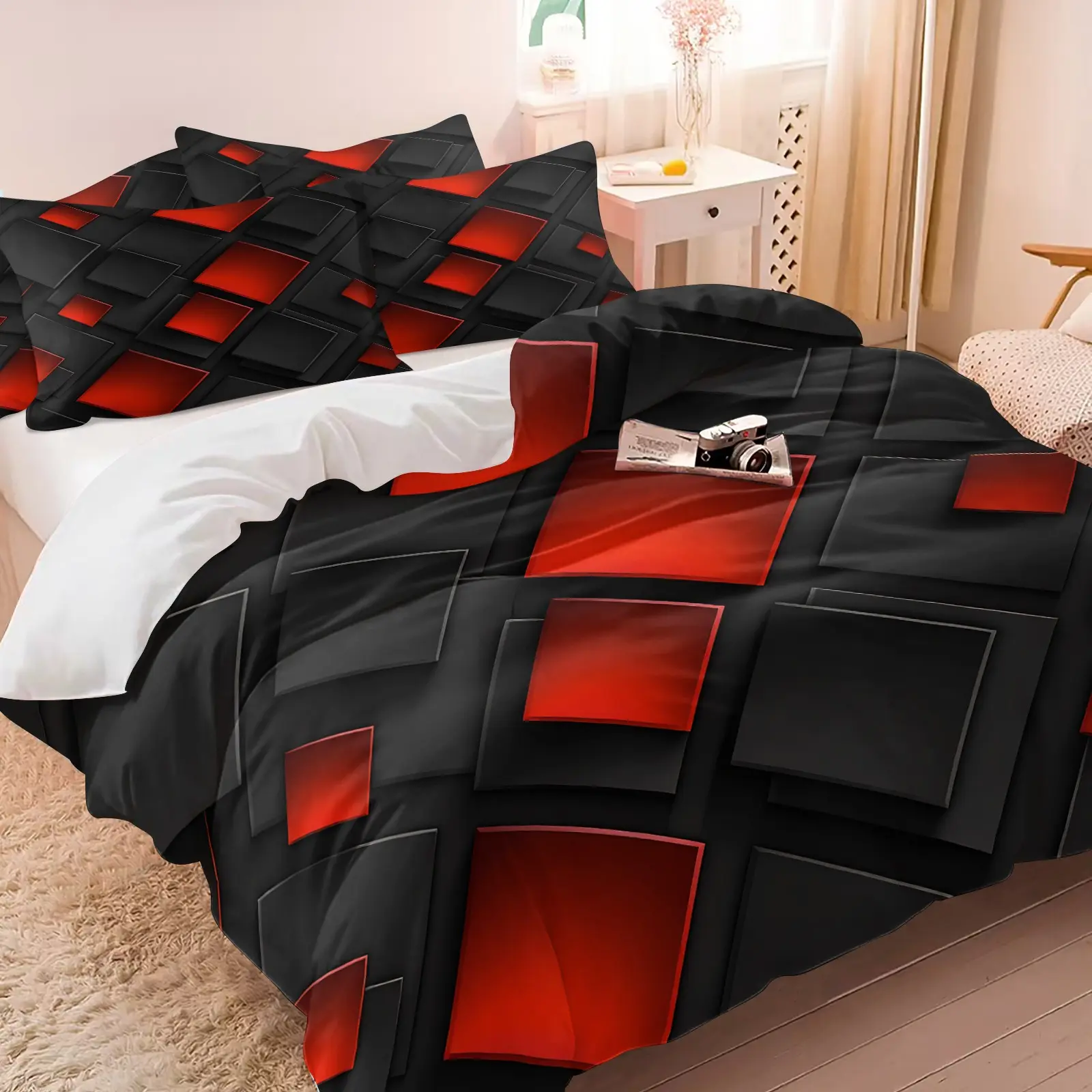 3D Visual Black And Red Geometric Cube Print Duvet Cover Set, 1 Duvet Cover & 1-2 Corelesss Pillowcases, With Stereo Grid Texture And Futuristic Cyberpunk Style,Soft Skin-Friendly Fabric, Trendy E-Sports Themed Bedroom Decor