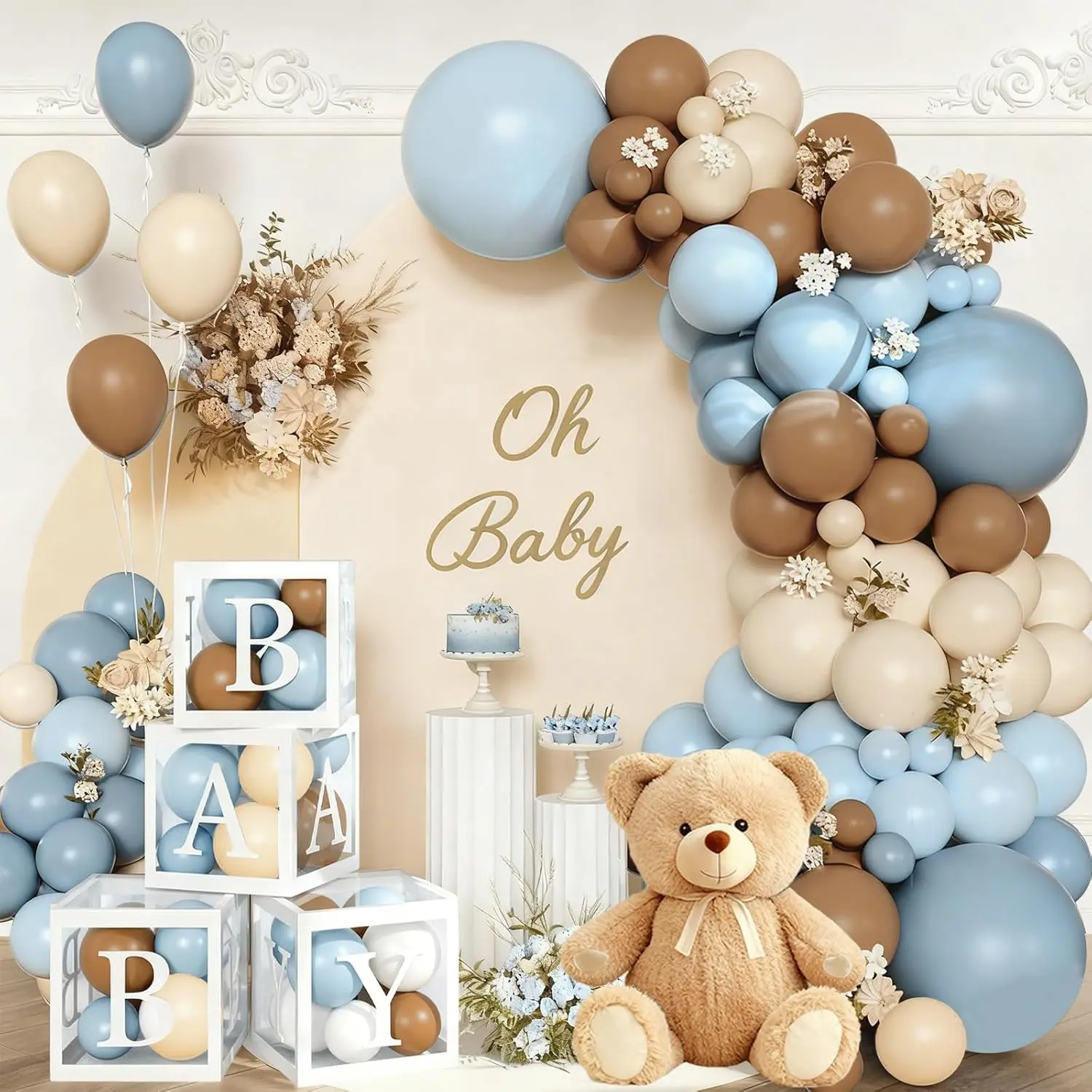 144Pcs Teddy Bear Baby Shower Decorations for Boy - We Can Bearly Wait Party Supplies - Blue Brown Balloon Garland Arch Kit with 4 Baby Boxes for Gender Reveal Backdrop, 1st Birthday