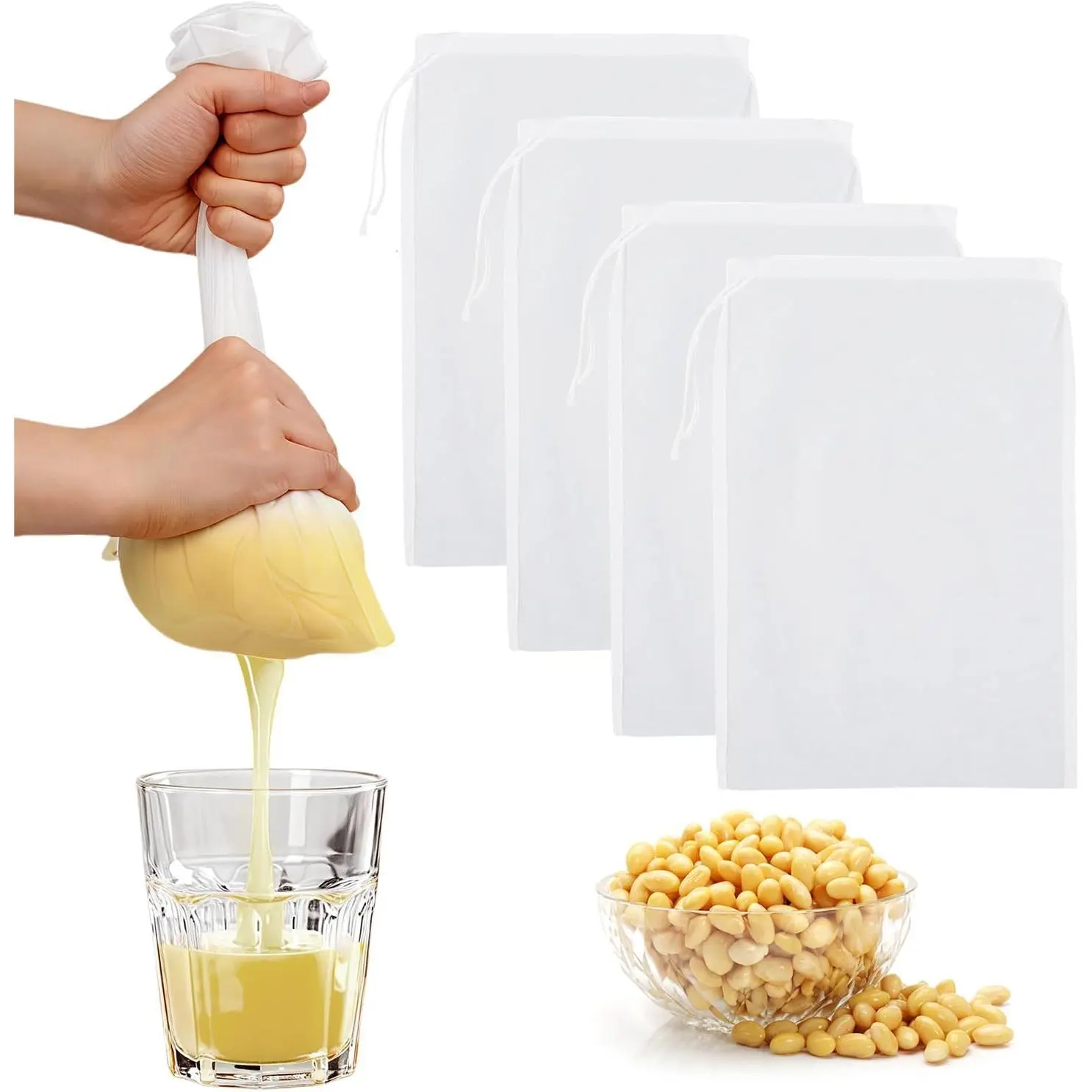 4 count Nut Milk Bag,8x12'' 100 Mesh Fine Mesh Cheese Cloth,Nylon Cheesecloth Bags for Straining,Multiple Usage  Juice Strainer,Suitable for Straining Fruit Coffee Tofu Yogurt  (100 Mesh)