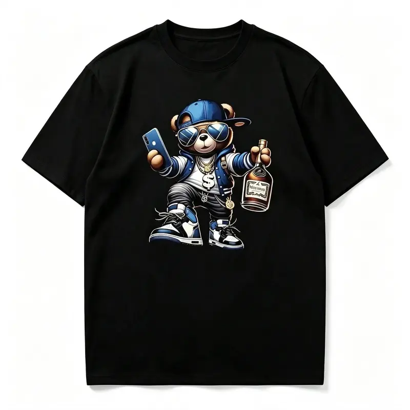 Hustle Teddy Bear Graphic Tee for Men Black Cotton T-shirt Summer Casual Hip Hop Streetwear Money Bear Top