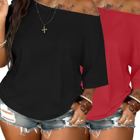 2-Pack Plus Size Fit Women's Asymmetrical Neckline Short Sleeve T-Shirts Casual Solid Color Tees, Chic American Style Tops