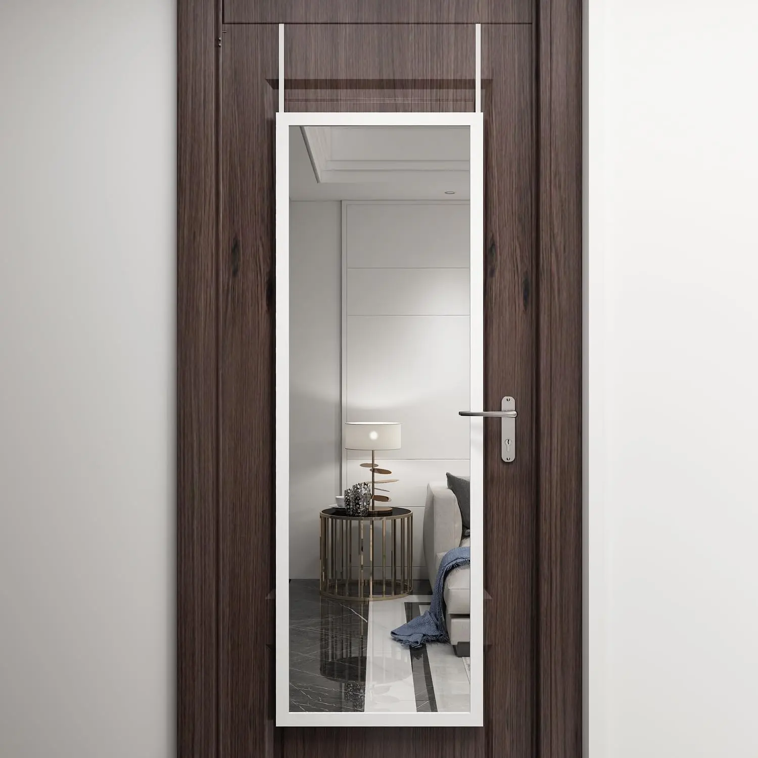 Over The Door Full Length Mirror Wall Mounted  Full  Length | 48*16"Mirror with 2 Metal Hangers for Bedroom Living Room Bathroom White