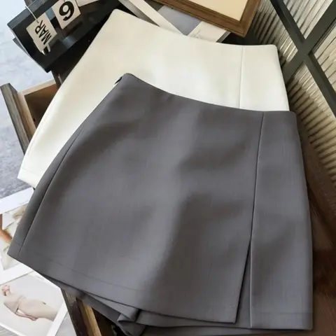 Women's High-Waisted Split Leg Fashionable Casual Commuter Versatile Short Pants and Skirt Set  Four-Season Knitted Two-Piece Shorts Sets Outfits