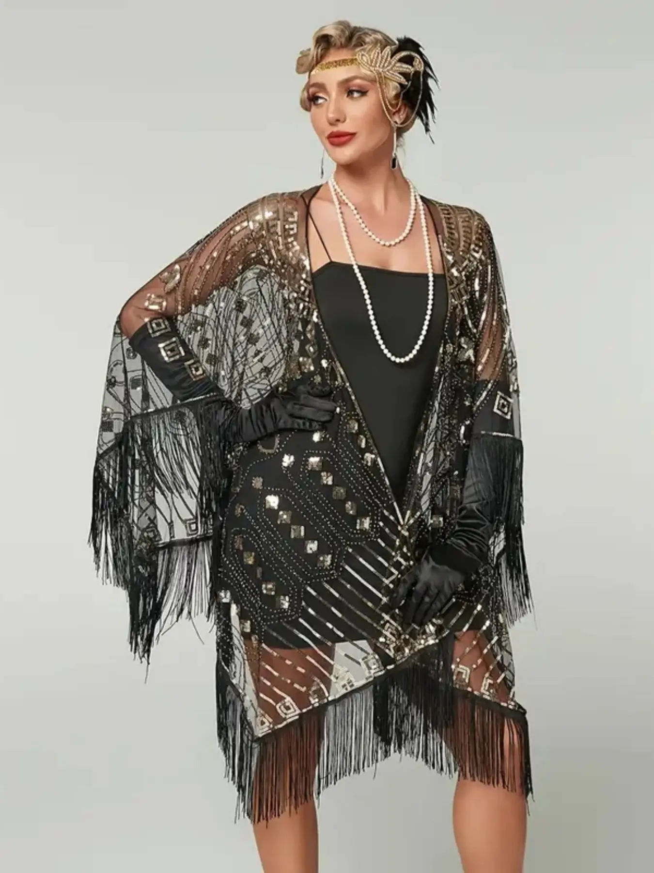 Vintage 1920s Sequin Embroidered Fringe Shawl, Elegant Retro Polyester Mesh Short Cape, Women's Fashion Party Evening Gown Accessory
