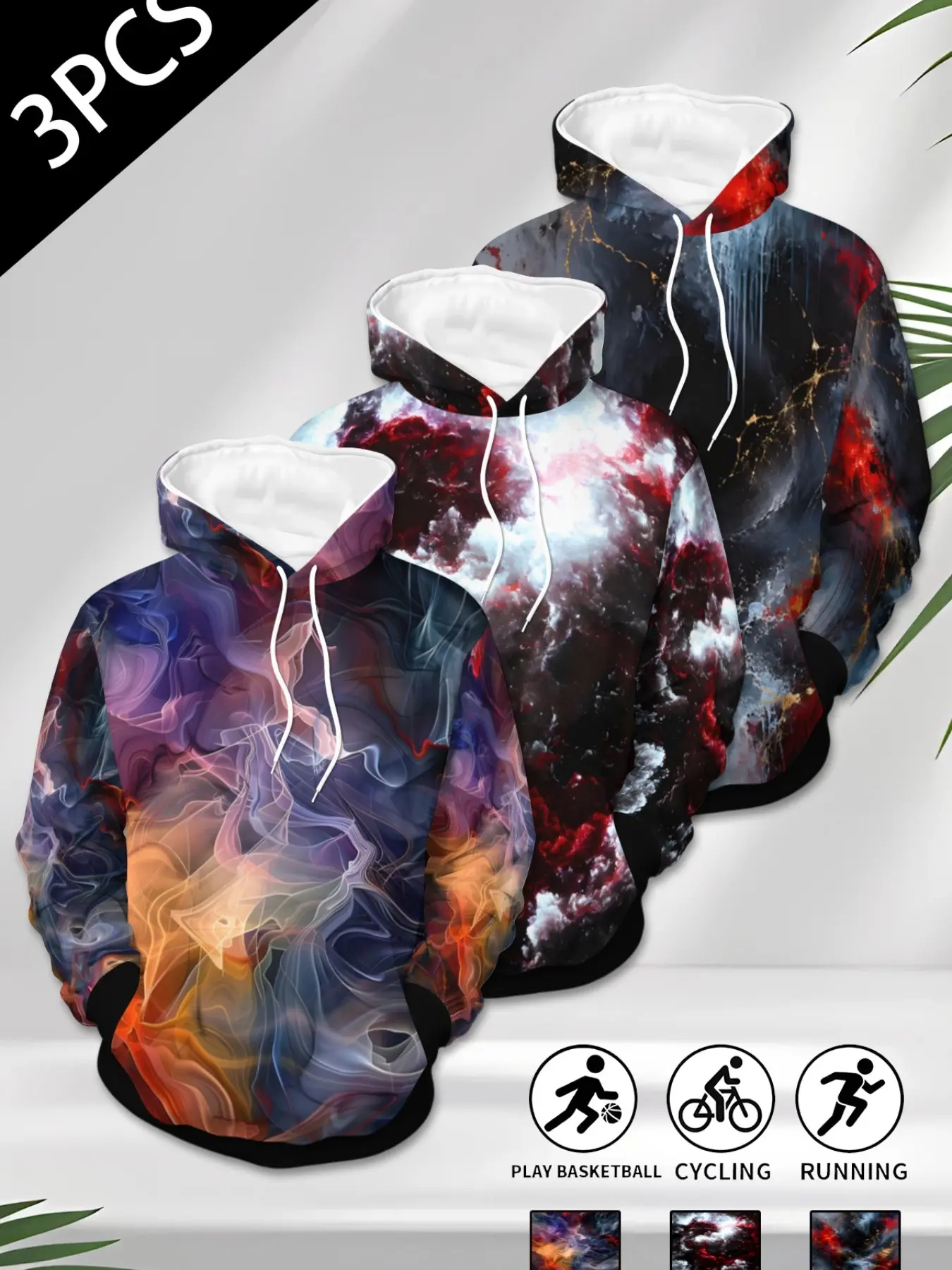 3-Pack Men's Colorful Nebula Print Hoodie, Artistic Abstract Digital Print, Loose Drawstring Pullover, Casual Sports Top