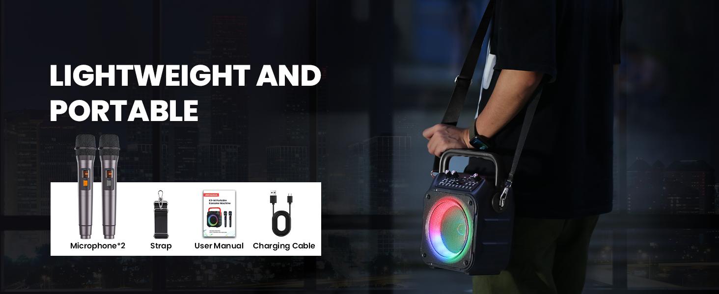 Karaoke Machine with Two Wireless Microphones, Portable Karaoke Machine for Adults & Kids, Portable Bluetooth Speaker with PA System, LED Lights, Supports TF Card/USB, AUX in, FM, USB,TWS (Black)-