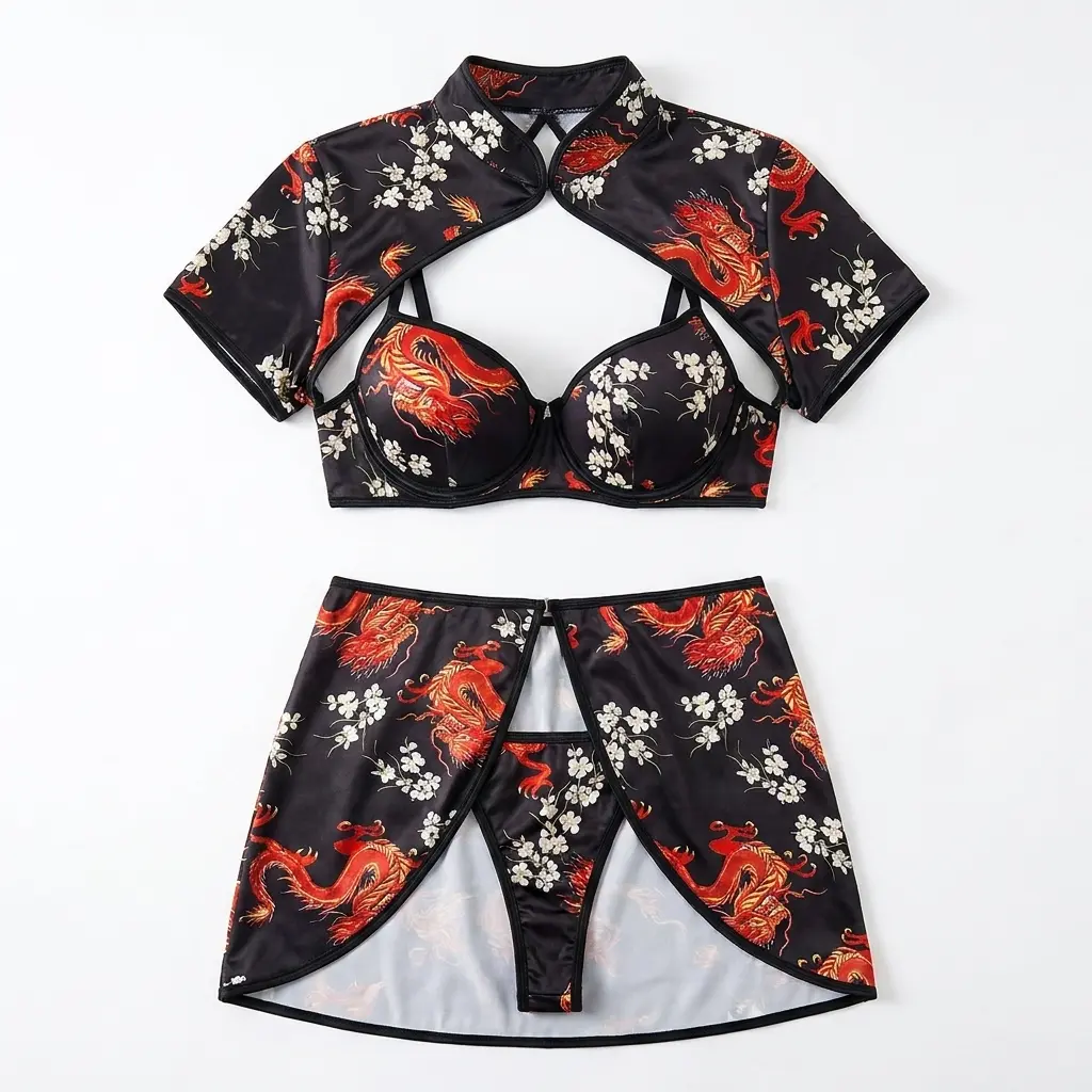 Oriental Dragon Plum Satin 4 Piece Home Matching Set Cheongsam Collar Shrug Camisole Split Wrap Skirt Matching Bottom Unique Romantic Gift For Her soft supportive lingerie