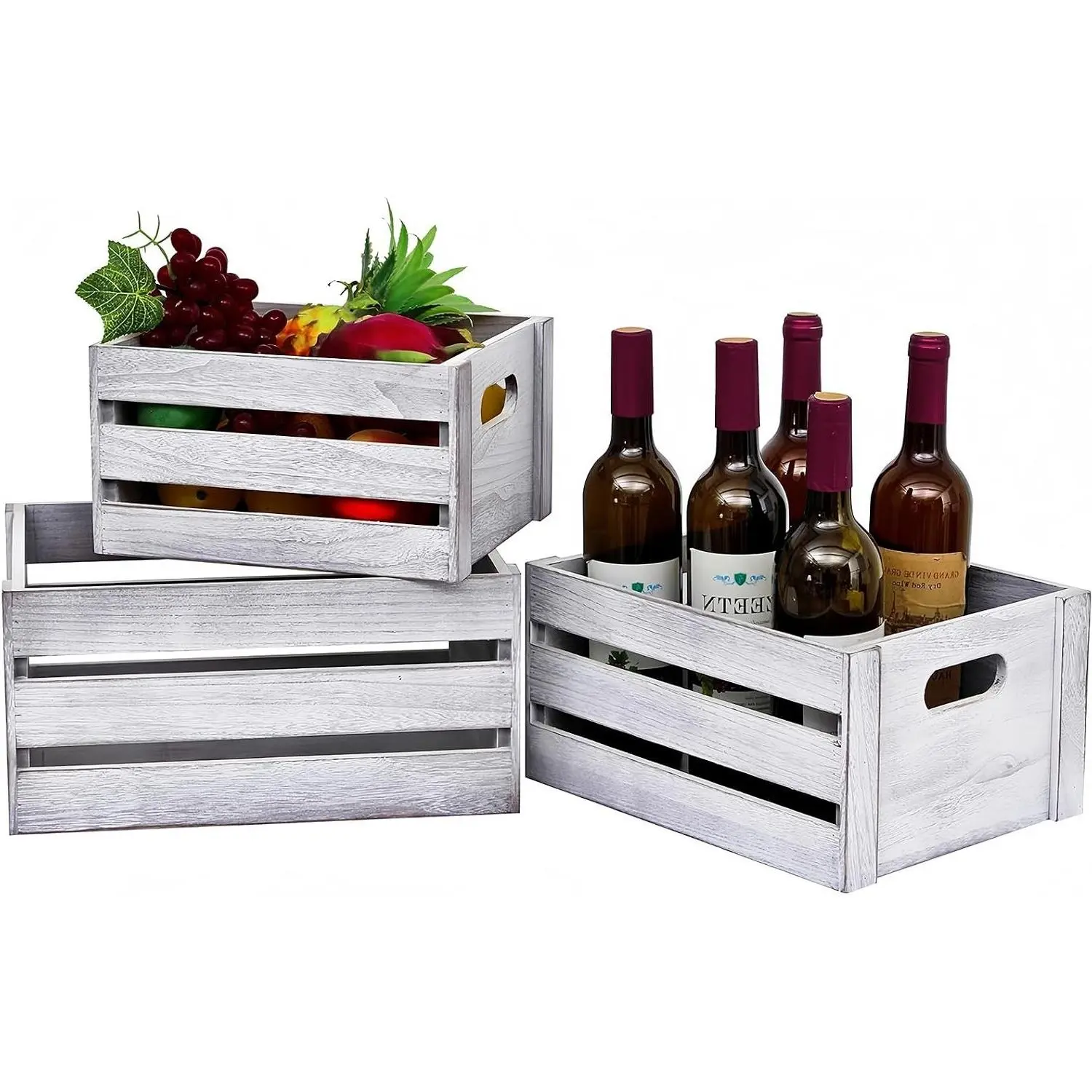 3 Pcs Rustic White Wooden Nesting Storage Crates, Decorative Crate Boxes, Stackable Wood Storage ContainersGift
