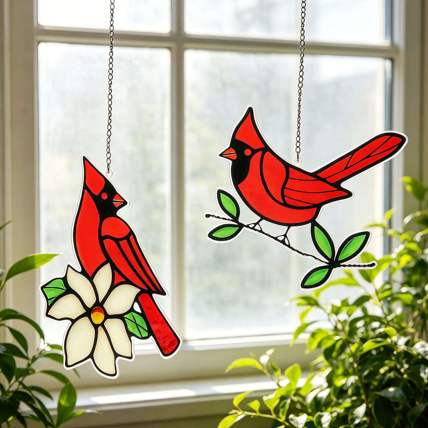2Pcs Colorful Acrylic Cardinal Bird Suncatchers - Stained Glass-Style Decorative Reflective Window Hangers with Chains, Floral & Leaf Design, Light-Catching Ornaments for Indoor Garden Housewarming Memorial Gifts