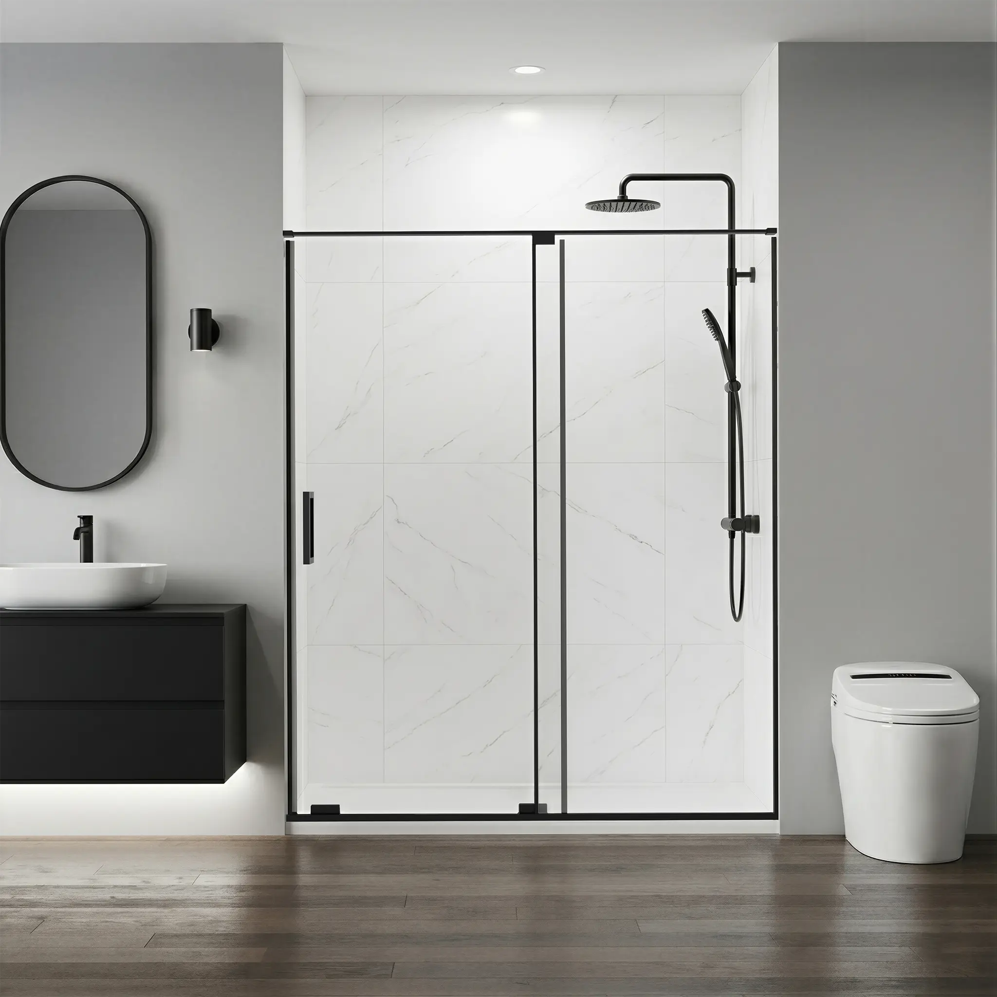 56-60"W x 72"H Semi-Frameless Sliding Shower Door, 5/16" Tempered Glass, Matte Black, Cut Adjustable
