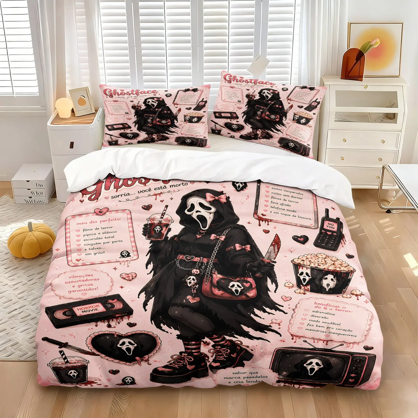 Pink Coquette Ghostface Scream Duvet Cover Set (1 Duvet Cover + 1-2 Pillowcases), Soft Breathable Microfiber Bedding, Comfy Bedding Sets, Cute Gothic Horror Movie Print Decor, Kawaii Spooky Halloween Bedding Set for Teens Girls Bedroom Decor