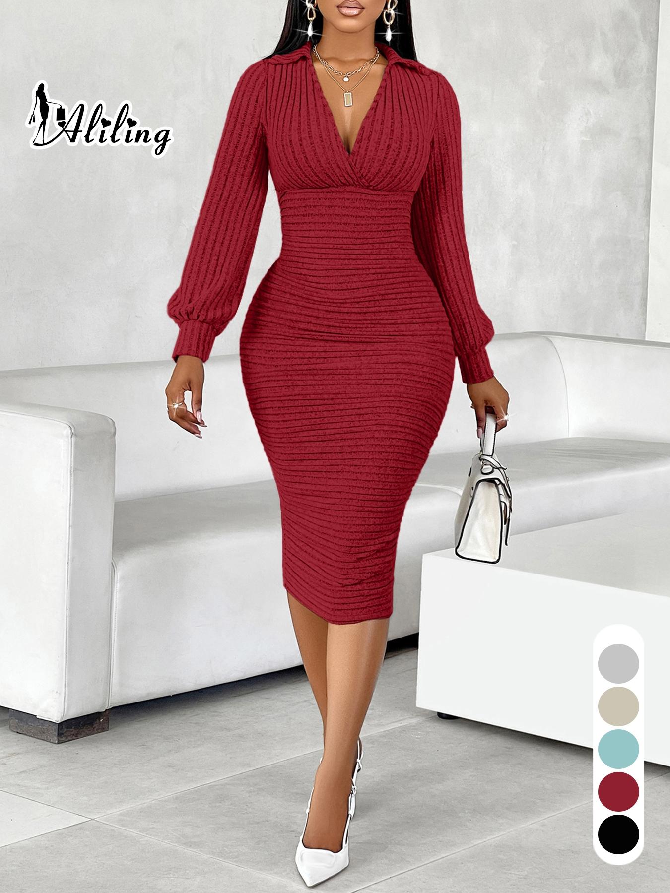 Aliling Elegant Slim-Fitting Long Sleeve Midi Dress with V Neck, Spring & Fall Women's Fashion, Stylish Waist-Tie Knit Dress for Casual Occasions