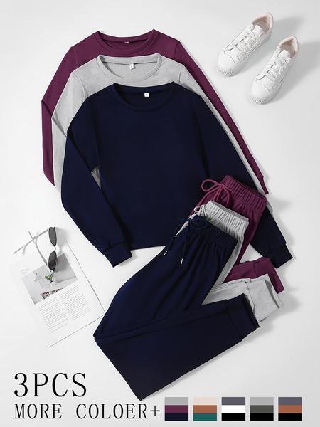 Women's Homecoming Set, 3-Piece Long Sleeve Round Neck Top & Ankle-Length Pants, Soft Fabric, Casual Comfortable Daily Wear