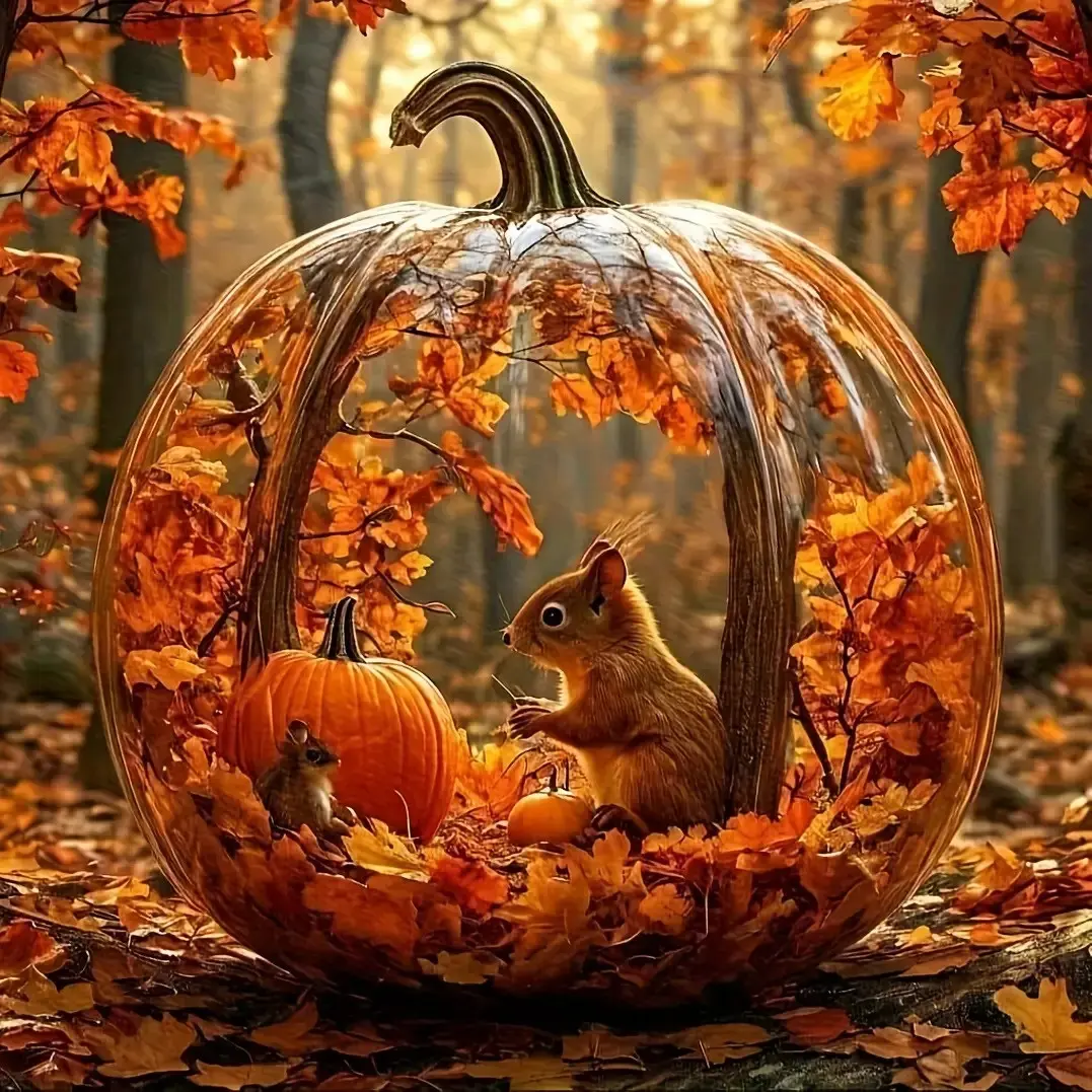 Diamond Painting - Autumn Forest with Squirrels And Pumpkin House, 2D Layered Wall Art Measuring 30Cm X 30Cm / 11.8X11.8 Inches, Suitable for Halloween, Christmas, Thanksgiving, New Year Gifts, Complete Handmade Set for Adults