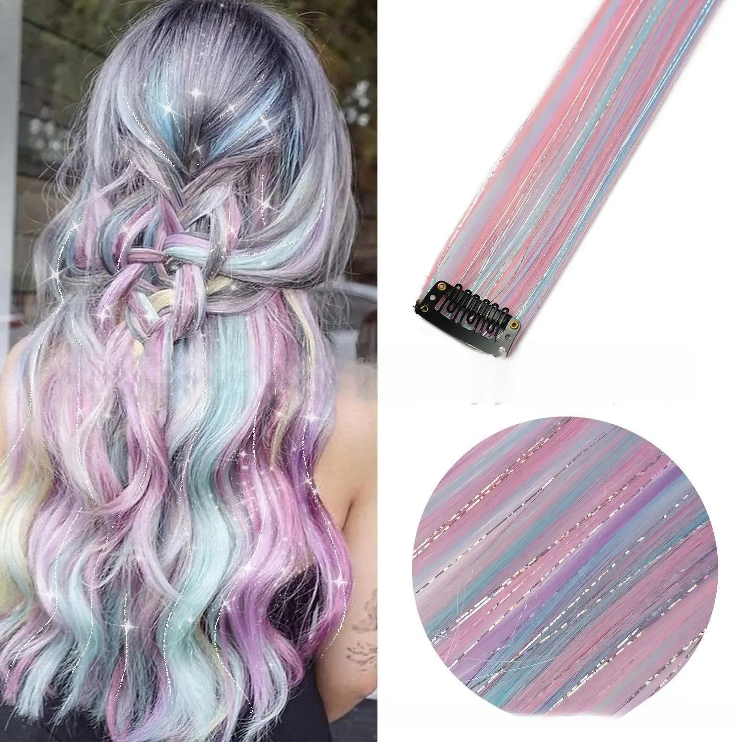 5-Pack 22-Inch Hair Tinsel Extensions, Colorful Mixed Glow Clip-In Highlights in High-Temperature Fiber for Parties & Cosplay, Highlight Flair, Sparkle, Hair Braids, Funky, Casual, Clip Hair Extensions