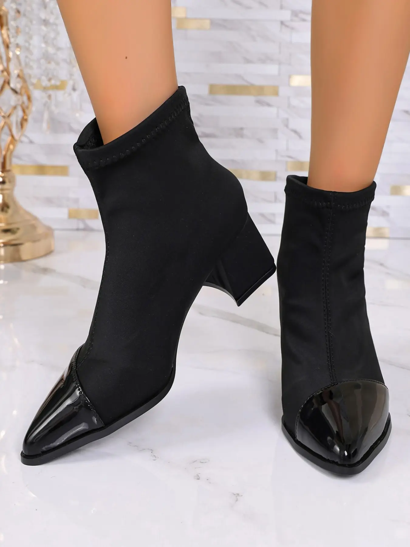 Elegant Pointed Toe Boots, Stretch Knit & Glossy Leather, Slimming Ankle Design, Perfect for Long Straight Legs