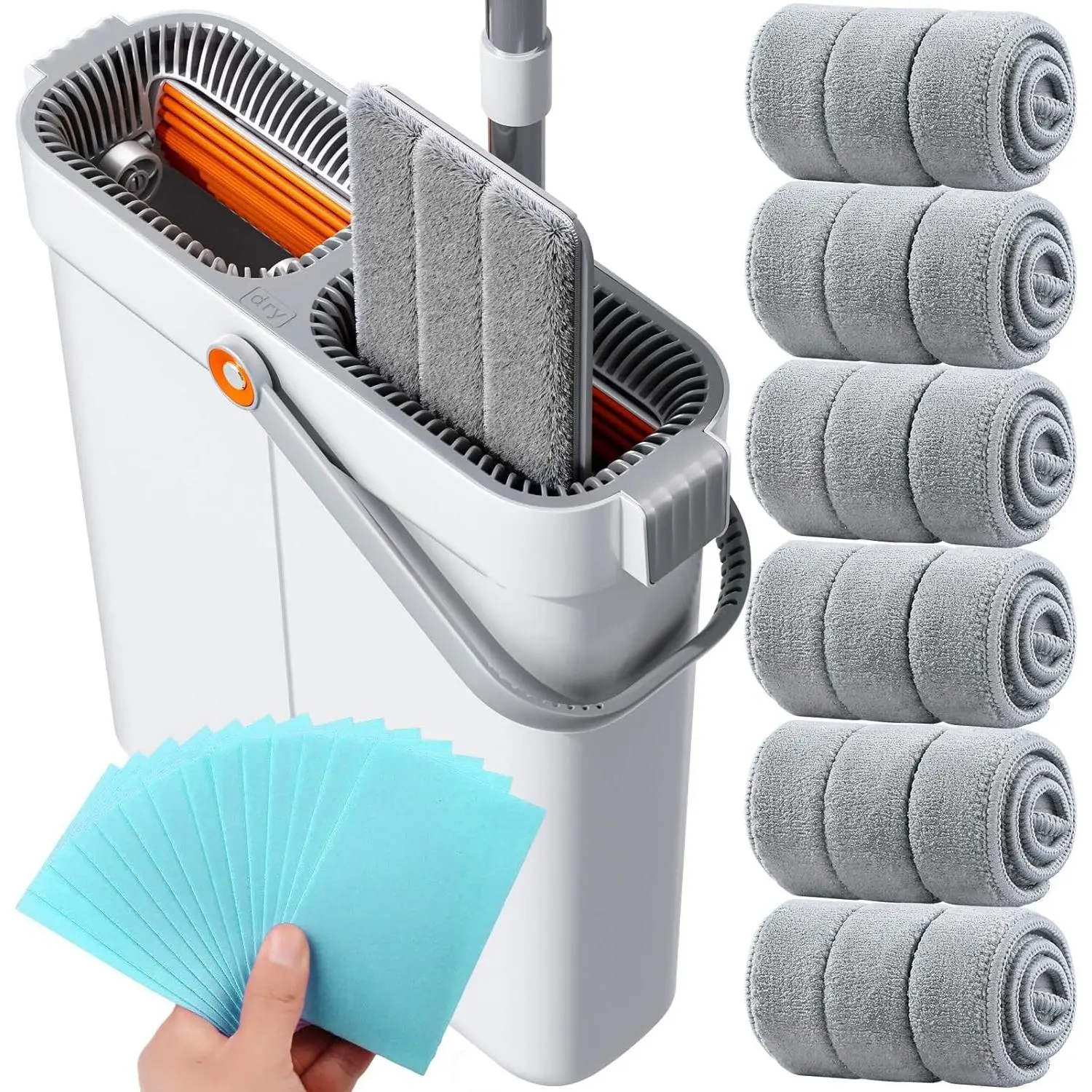 Flat Mop and Bucket System - Mop and Bucket with Wringer Set for Home | Wet Dry Mop for Apartment, Tiny Home, Windows, Wall, Hardwood Floor, RV with 6 Reusable Microfiber Cloth