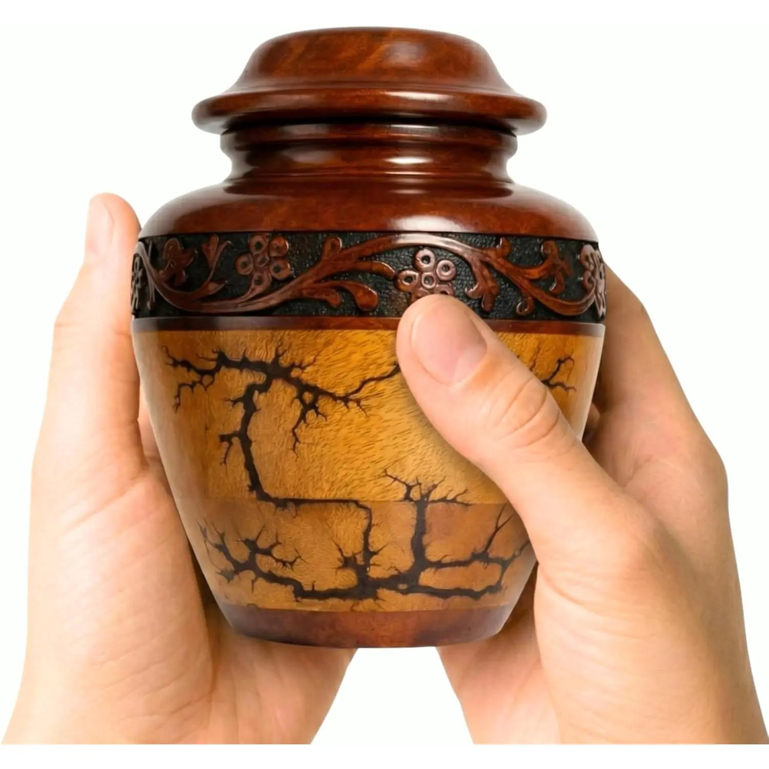 Wooden Cremation Urn Small Keepsake 20 Cubic Inches Adult Size for Men and Women Beautiful Decorative Urn for Ashes Fractal Design Black Resin Inlay