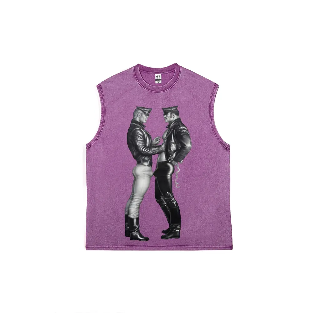 Men’s Vintage Washed Purple Sleeveless Tank Top, Classic Tom of Finland Leather Man Art Graphic Casual Cut Off Muscle Tee, LGBTQ Gay Bear Streetwear Heavyweight Cotton Workout Tank Shirt For Summer Daily Wear