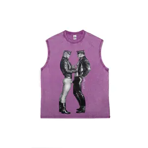 Men’s Vintage Washed Purple Sleeveless Tank Top, Classic Tom of Finland Leather Man Art Graphic Casual Cut Off Muscle Tee, LGBTQ Gay Bear Streetwear Heavyweight Cotton Workout Tank Shirt For Summer Daily Wear
