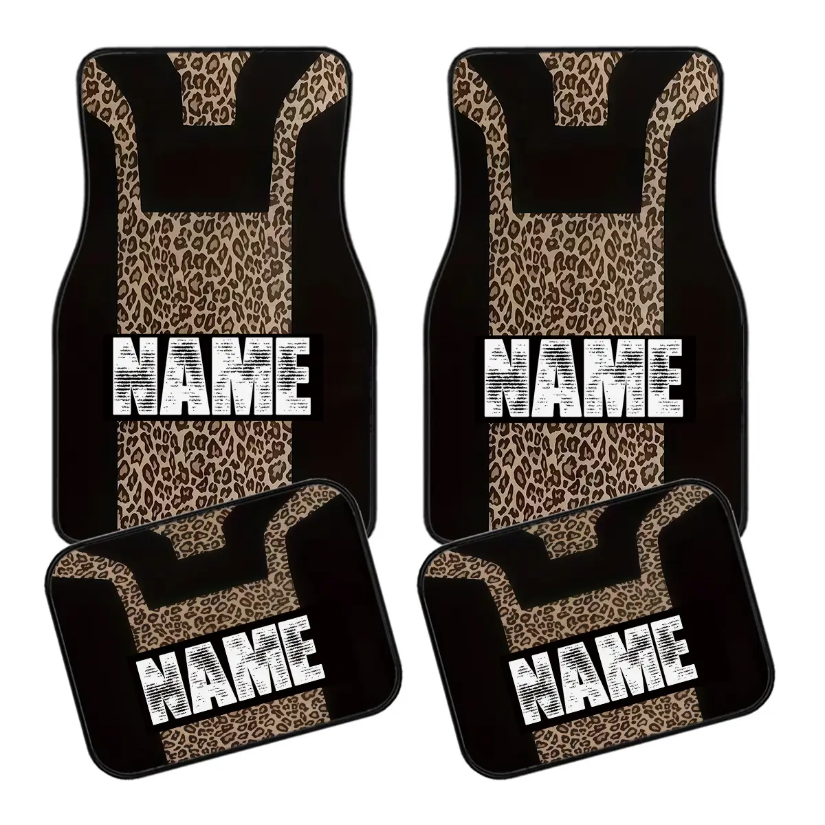 Custom Car Floor Mats in a Set of Four, Featuring Personalized Names/Text And a Leopard Print Design — Durable Mats Ideal for The Driver, Front Passenger, Rear Seats, And Trunk, with The Possibility to Include Names/Text, Fitting Most Cars, Trucks