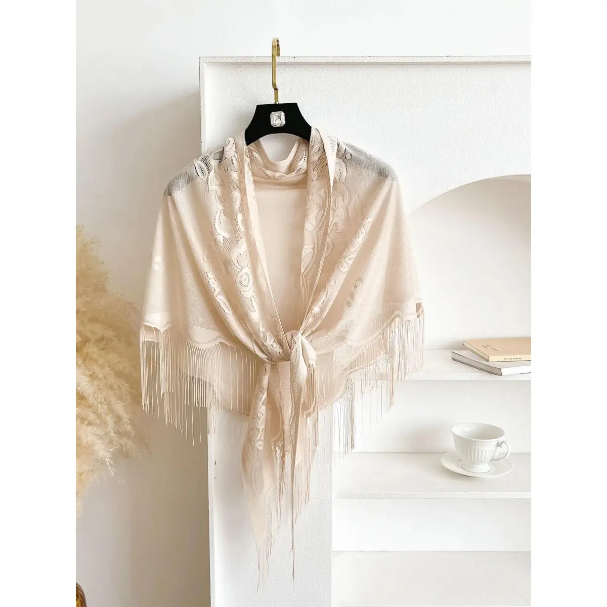 Women's Elegant Lace Shawl Wrap with Fringe Trim, Hollow-Out Design in Breathable Washable Cotton for All Seasons, Valentine Gift