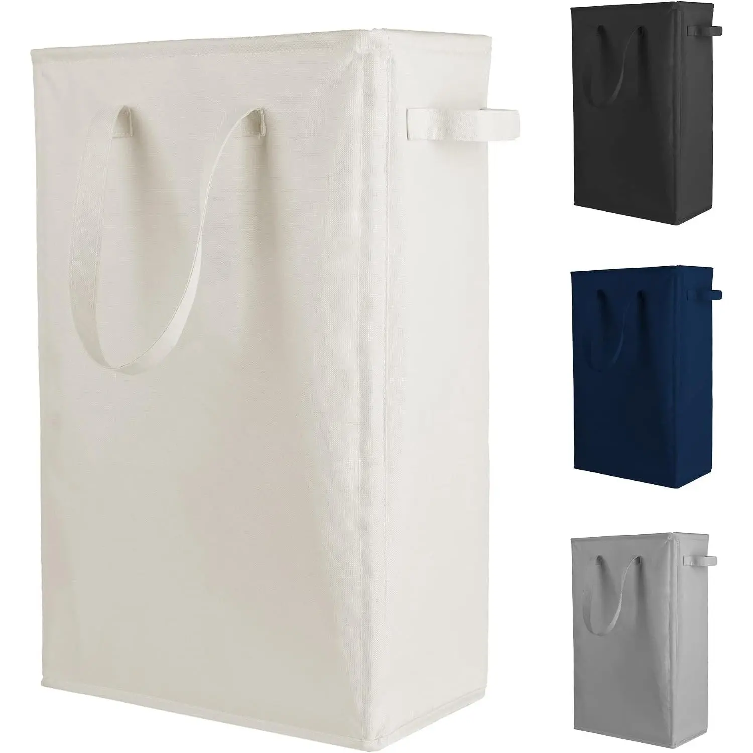 Slim Laundry Hamper Handles Collapsible Laundry Basket Thin Dirty Clothes Basket Narrow Laundry Bag Foldable Dirty Hamper 45L (Beige)
