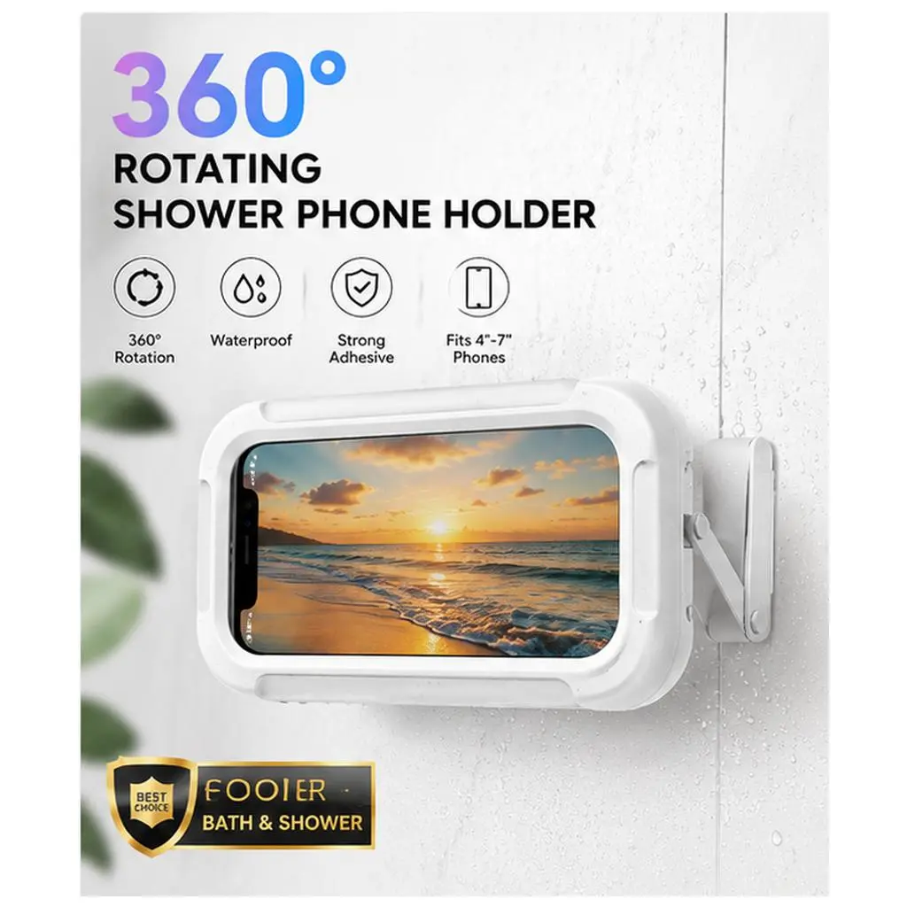 360° Rotating Waterproof Shower Phone Holder, No-Drill Adhesive Wall-Mounted Hands-Free Stand for 4–7″ Smartphones, Bathroom, Bathtub, Mirror & Kitchen
