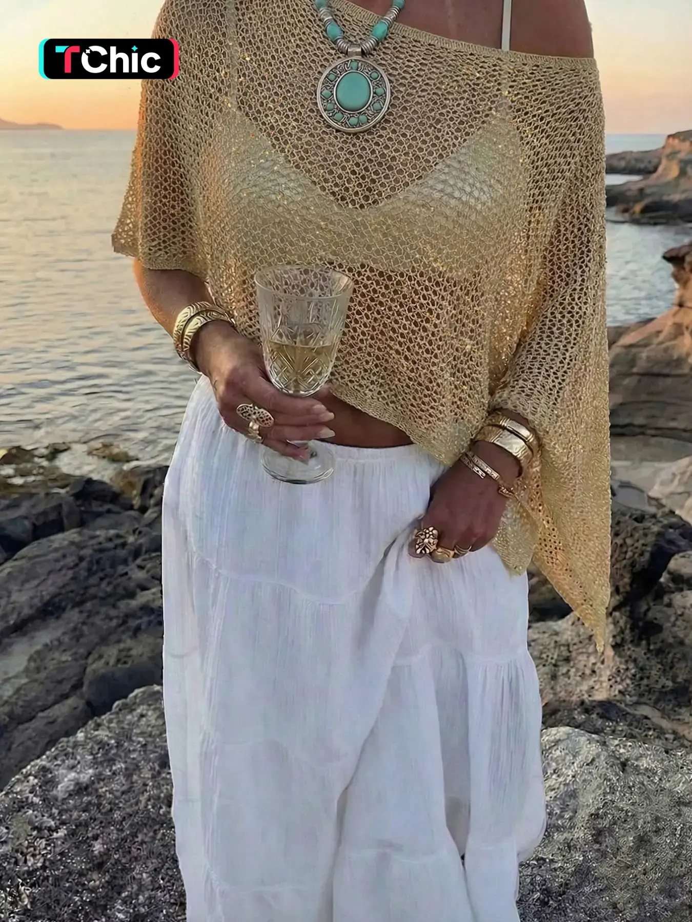 Dual Color Sparkle Hollow Mesh Knit Poncho Top Women Off Shoulder Asymmetric Batwing Sleeve Sheer Layering Beach Cover Up Loose Cropped Pullover Blouse Seaside Sunset Boho Vacation Travel Casual Outfit For Ladies