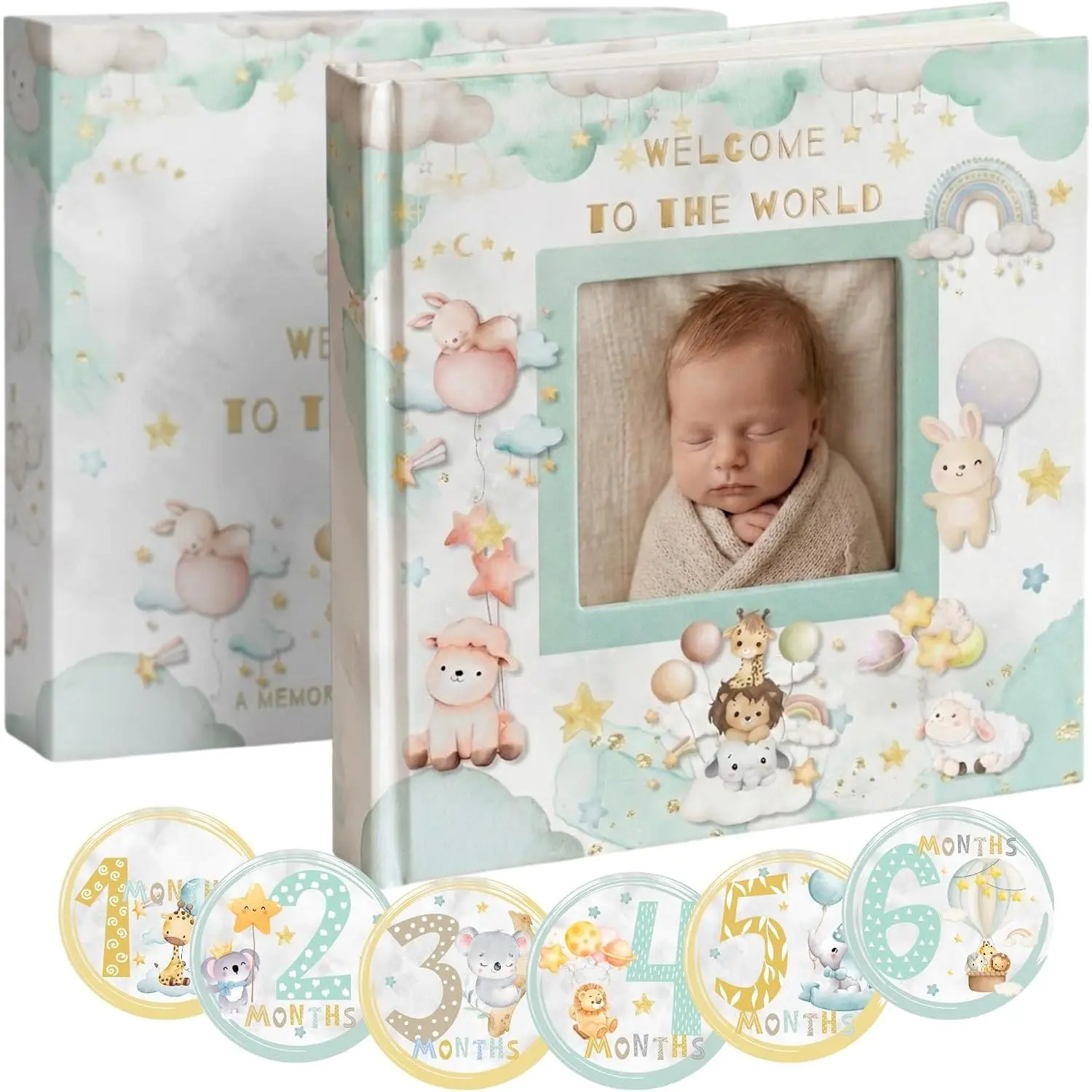 Memory Book and   Box - First Year Photo Album for  Boy or Girl - Fits 4x6 Photos - Includes 12  Milestone Stickers - Gender Neutral Scrapbook Journal
