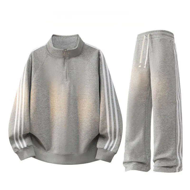 Men's Gray Tracksuit Set, Half Zip Stand Collar Sweatshirt With Three Side Stripes, Drawstring Wide Leg Sweatpants, Casual Two Piece Outfit Suitable For Daily Sports Streetwear