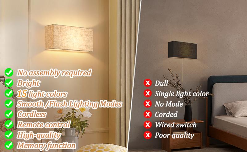 Battery Operated Wall Sconces Set of 2 - Dimmable LED Wall Lights with Remote Control, 15 Color Changeable Wall Mounted Lamps with Fabric Shade, Magnetic LED Wall Light Fixtures for Bedroom Hallway