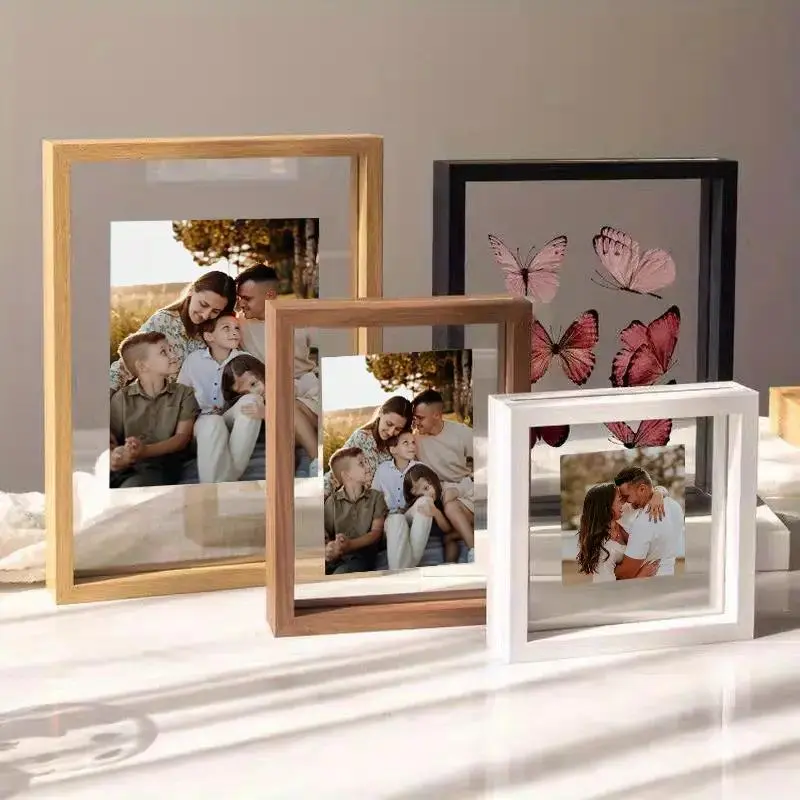 Floating Picture Frame - Double Plexiglass Display Frame for Polaroid Photos, Wall Mount or Tabletop Decor for Home Decoration，Beech Wood Frame, Desktop Frame, Office Frame, Family Frame, Wooden Picture Frame