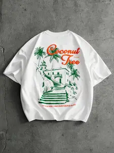 Tropical Style Short Sleeve Top, Print, Hand-Drawn Island Pattern, Breathable Fabric, Casual Fit, Versatile for Multiple Occasions