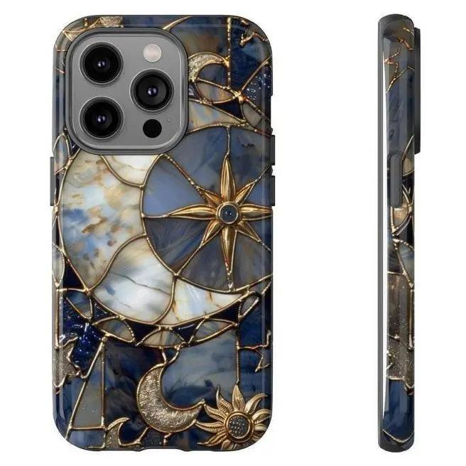 Stained Glass Sun Moon Tough Phone Case for iPhone 17, 16, 15 Pro Max, 14, 13, 12 - Celestial Aesthetic Gift