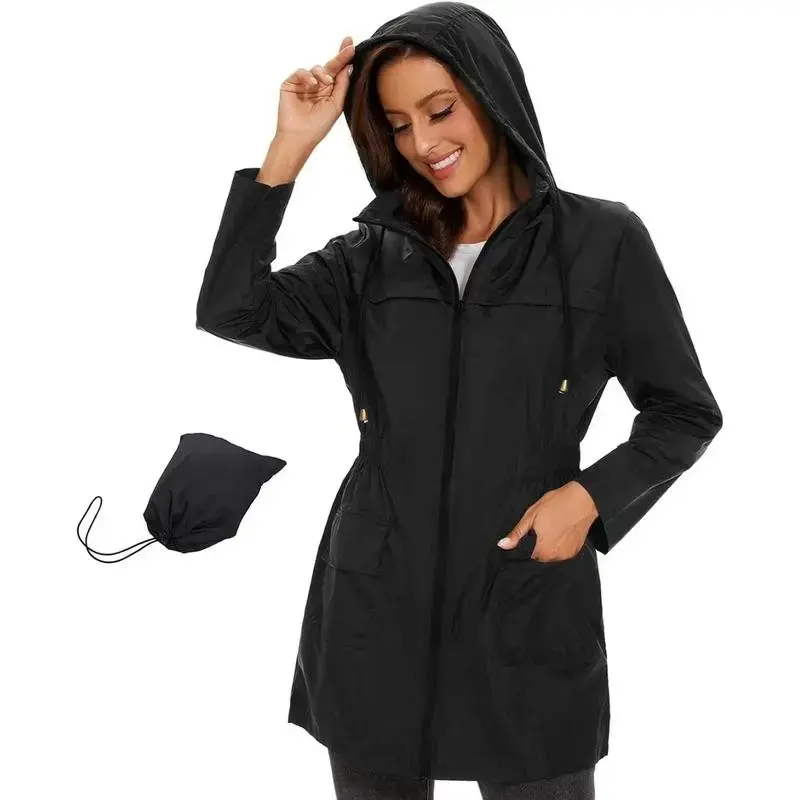 Packable Waterproof Rain Jacket for Women with Hood Lightweight Windbreaker Coat