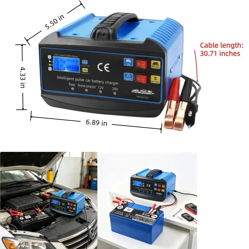 10A 12V/24V Smart Car Battery Charger, Automatic Pulse Repair Desulfator Maintainer with LCD Digital Display, Winter Mode for AGM, Gel, Lithium Batteries (Car, Truck, Motorcycle Use)