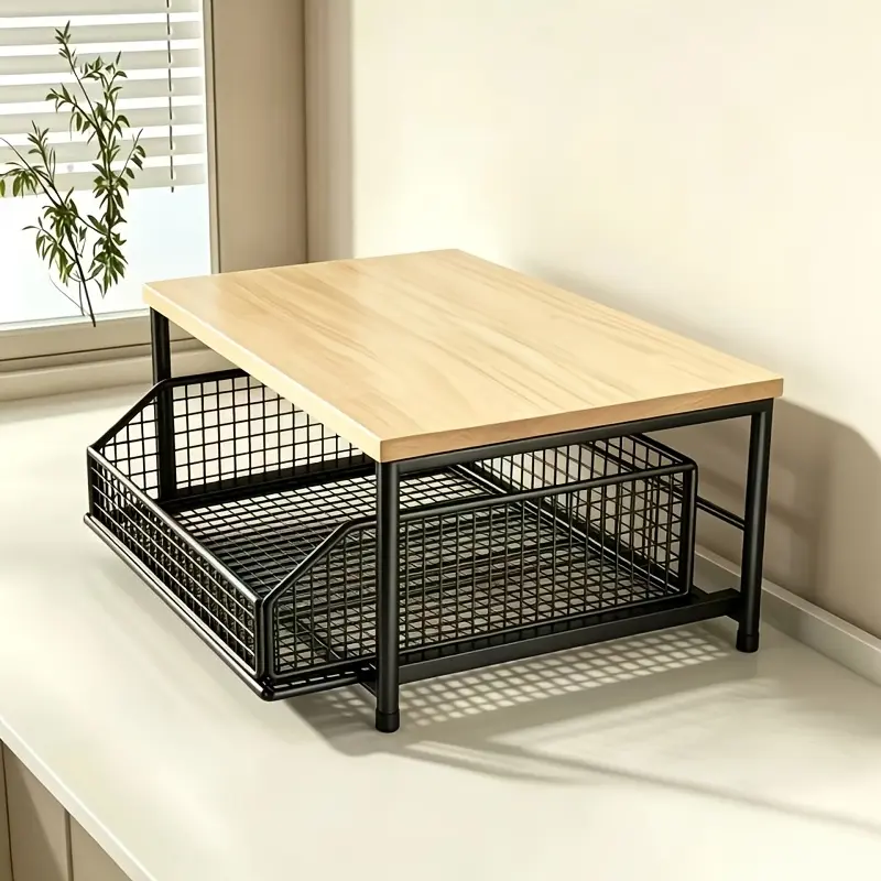 1Pcs Kitchen Countertop Organizer With Metal Drawer, Microwave Oven Stand Counter Riser Shelf, Spice Storage Rack With Pull‑Out Drawer, Sturdy Wood‑Metal Construction, Modern Black & White Design for Microwave, Coffee Maker, Tableware