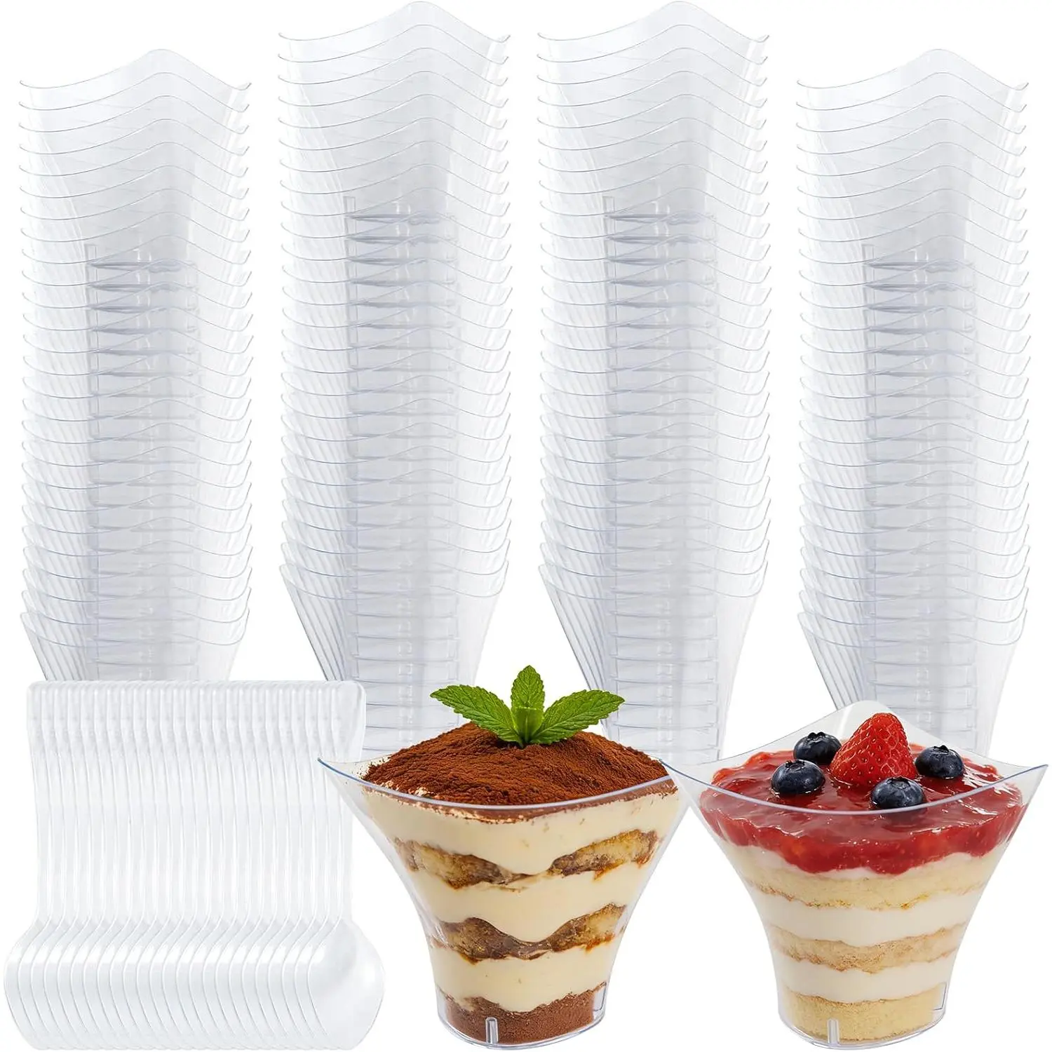 200 count Lrregular Shaped Dessert Cups with Spoons, Clear 3.4 oz Mini Dessert Cups with Spoons, Small Plastic Vasitos Para Postres for Pudding, Fruit, Mousse, Snack, Appetizers
