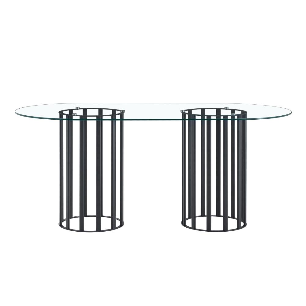 71 inch oval tempered glass dining table,black double column light luxury style,tempered glass scratch resistant and easy to clean.Suitable for 6-8 people dining, modern light luxury restaurant table.