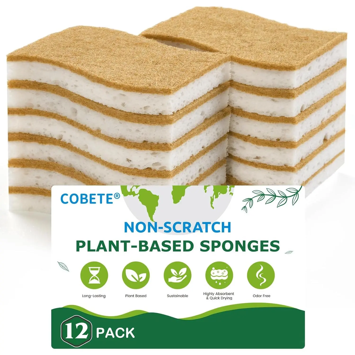 12 Pack   Kitchen Non Scratch Sponges,Compostable  Based Coconut Cellulose Sponge,  Dish  Sponge for Pots, Pans & Household Cleaning