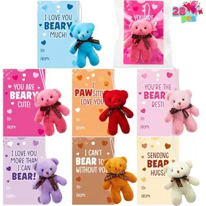 28 Packs Valentine's Day Gift Cards with Mini Bears Plush Toy Party Favors, Mini Stuffed Plush Toys for Valentines Day Gifts, Kids Classroom School Exchange Prize